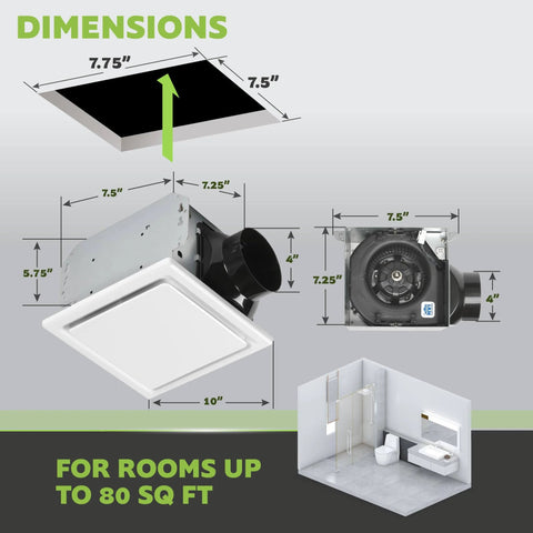 Quiet Ceiling Mount Bathroom Exhaust Fan With 80 CFM And 1.5 Sones White Finish for up to 110 sq ft bathrooms and rooms diagram