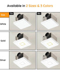 Two sizes of powerful quiet bathroom exhaust fan with light delivering 130 CFM and one and a half sones LED night light in 9 inch and 7 inch models, available in white, gold, and silver finishes.