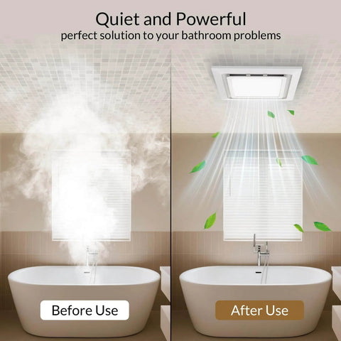 Comparison of bathroom before and after using High-Performance Bathroom Exhaust Fan With Light From Welnek, showing moisture removal