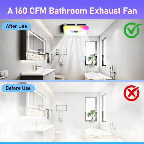 Bathroom Exhaust Fan With Bluetooth Speaker And LED Light All In One 4 In 1 230 CFM 1.5 Sone shown in a modern bathroom