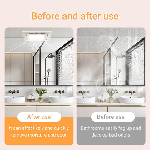 Image showing before and after effect of Super Quiet 120 CFM Bathroom Exhaust Fan With Light 6200K 12W LED installed in a shower bathroom.