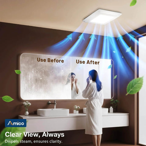 Quiet 110 CFM Bathroom Exhaust Fan With Light For Fresh Air, 1.0 Sones, 1000 LM LED, 5 CCT Ceiling Mount, venting steam from bathroom mirror.