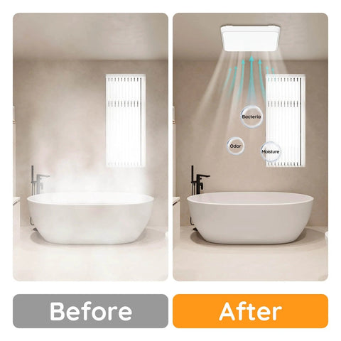 Bathroom before and after installation of Powerful Quiet Bathroom Exhaust Fan With Light Delivering 130 CFM And One And A Half Sones LED Night Light 1300 Lumen Output At 2700K 4000K And 6500K With Light Memory ETL Certified White 9 Inch Fitop