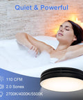 Relaxed woman in bathtub under Powerful 110 CFM Bathroom Exhaust Fan With Light From Akicon showcasing its ultra-quiet 2.0 sones operation