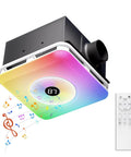Front view of Bathroom Exhaust Fan With Bluetooth Speaker And LED Light All In One 4 In 1 230 CFM 1.5 Sone 7 Color RGB And 3CCT Adjustable Light Music Sync Digital Display Remote Control Easy Install showing LED display with remote