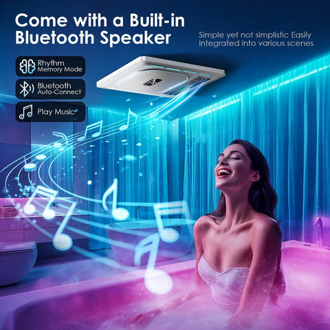 Bathroom Exhaust Fan With Bluetooth Speaker And Heater By BSEED installed in a bathroom, showcasing music functionality and lighting.
