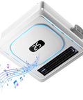 Bathroom Exhaust Fan With Bluetooth Speaker And Heater By BSEED 1800W Dual Heat 230 CFM Vent 3 CCT Plus 5 Color RGB Lighting Negative Ion And Wall Control For Bathroom Or Any Room, showing the unit with musical notes and blue lighting.