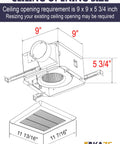 Diagram of Easy Install 100 CFM Bathroom Exhaust Fan With Ultra Quiet 0.8 Sone Operation Energy Star Certified No Attic Access Required SNP100 By Kaze Appliance showing dimensions.