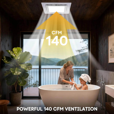 Bathroom Exhaust Fan With Light, 12 Inch Ultra Quiet 1.0 Sones, 140 CFM, 1200 Lumen, 5 CCT, installed in stylish bathroom
