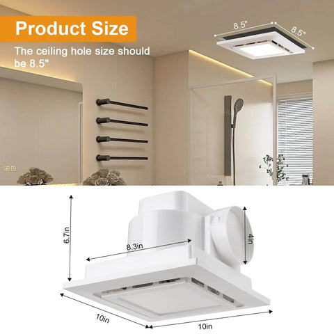 Whisper Quiet 10 Inch Bathroom Exhaust Fan With 6500K Fixed LED Light, 1.0 Sone, 145 CFM, 1500 Lumens, ceiling mount size guide