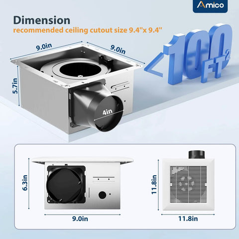 Quiet 110 CFM Bathroom Exhaust Fan With 1.0 Sones For Low Noise Bathroom Ventilation Ceiling Mounted No Attic Access Needed Easy Install 4 Inch Duct ETL And FCC Certified Amico dimensions