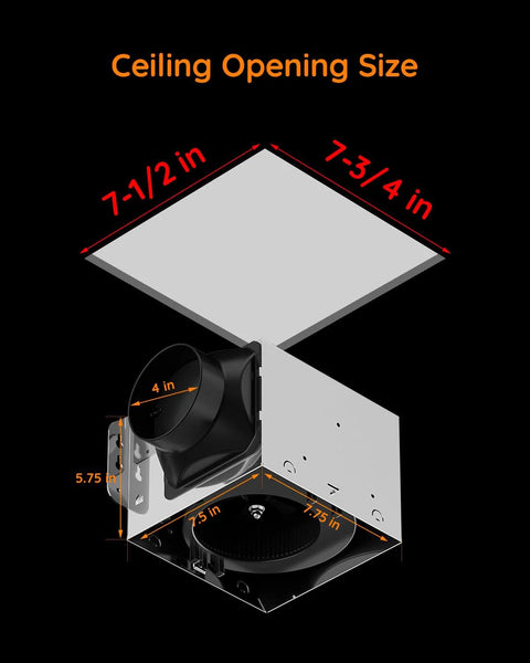 Silent 110 CFM Bathroom Exhaust Fan With Light LED 3000K 4000K 5000K 1 Sones 1200 Lumens Ceiling Mount dimensions diagram