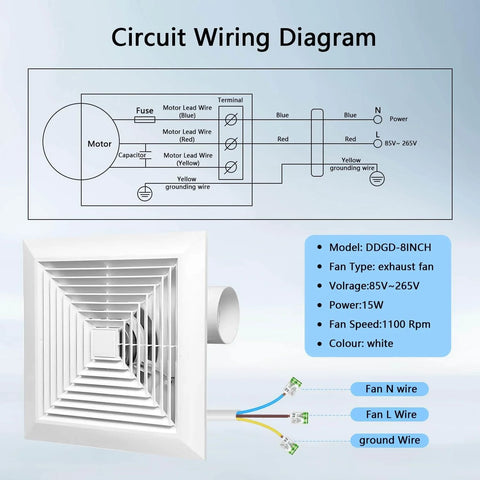 Circuit wiring diagram for Ultra Quiet Ceiling Bathroom Exhaust Fan With 110 CFM And One Point Zero Sones For Quiet Moisture And Odor Removal Energy Saving 12 Inch Plastic Panel Shower Vent 4 Inch Duct And Ten By Ten Mounting Hole No Fuss Easy Install, model DGDG-8INCH, with fan and wire details.