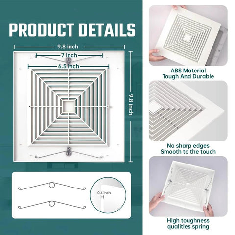 Spring Loaded 10x10 Inch Bathroom Exhaust Fan Cover In White ABS Plastic Square Ceiling Or Wall Mount Grille Replacement With Air Diffuser Standard Lightweight Size Fits 10x10 In Grilles Easy Install product details