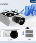 Two Pack Bathroom Exhaust Fans With 80 CFM, 1.0 Sones, Low Noise, Easy To Install, Ceiling Mounted Retrofit Ventilation Fans showing dimensions