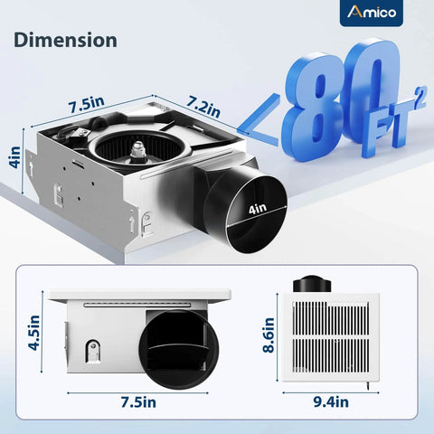 Two Pack Bathroom Exhaust Fans With 80 CFM, 1.0 Sones, Low Noise, Easy To Install, Ceiling Mounted Retrofit Ventilation Fans showing dimensions