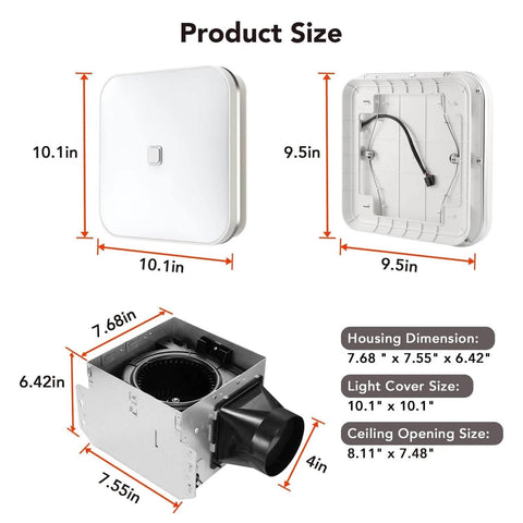 Dimensions of Quiet 100 CFM Bathroom Exhaust Fan With Light And 1.5 Sones, 5000K LED Daylight, Energy Star Certified, ceiling cutout 8.11x7.48 inches