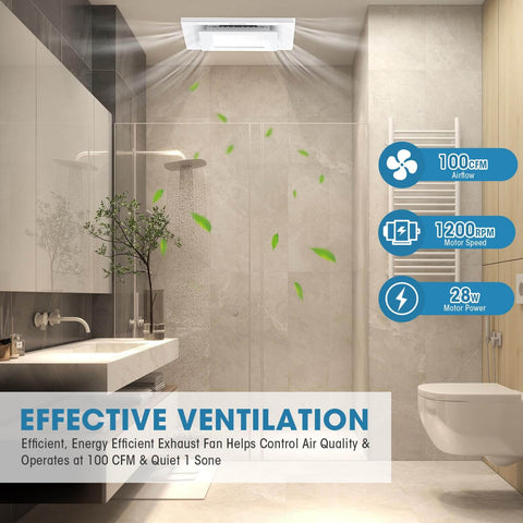 100 CFM Bathroom Exhaust Fan With 3CCT LED Light, Ultra Quiet 1.0 Sone, installed in modern bathroom ceiling for ventilation