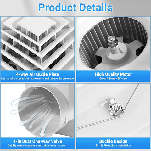 Close-up of quiet bathroom exhaust fan parts including air guide plate, motor, 4-inch duct valve, and buckle design for moisture removal.
