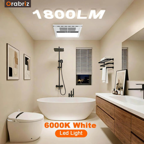 Modern bathroom with 4 In 1 Bathroom Exhaust Fan With Heater Orabriz 1100W 2200W Dual Heating 220 CFM Quiet Ceiling Mount LED Light