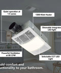 Ultimate Bathroom Exhaust Fan With Heater And Lighting 80 CFM Quiet 1.5 Sones Three Level CCT Lighting For Warm Comfort