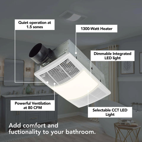 Ultimate Bathroom Exhaust Fan With Heater And Lighting 80 CFM Quiet 1.5 Sones Three Level CCT Lighting For Warm Comfort