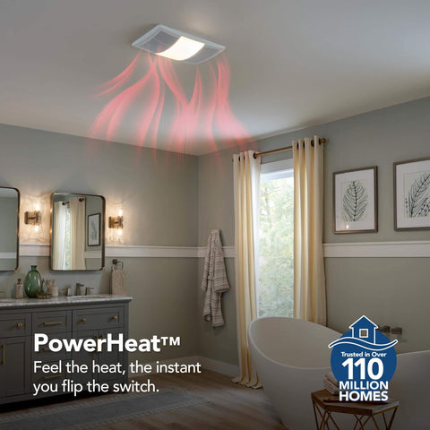 Ultimate Bathroom Exhaust Fan With Heater And Lighting 80 CFM Quiet 1.5 Sones Three Level CCT Lighting installed in modern bathroom