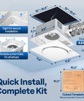 Smart Humidity Sensor Bathroom Exhaust Fan With Energy Saving EC Motor Delivers 110 CFM At Just 12.5W Quiet Ceiling Retrofit 10.2 Inch No Attic Access Needed Install Kit And 4 Inch Duct Included, showing installation components and dimensions.