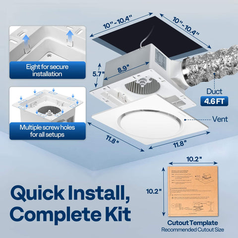 Smart Humidity Sensor Bathroom Exhaust Fan With Energy Saving EC Motor Delivers 110 CFM At Just 12.5W Quiet Ceiling Retrofit 10.2 Inch No Attic Access Needed Install Kit And 4 Inch Duct Included, showing installation components and dimensions.