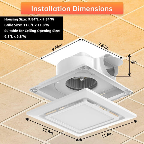 High-Performance Bathroom Exhaust Fan With Light From Welnek, showing 9.8 by 9.8 inch housing and 12 inch grille dimensions