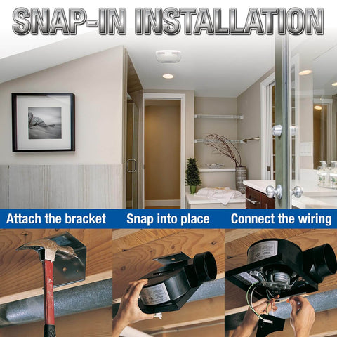 90 CFM Ceiling Mounted Bathroom Exhaust Fan With Snap In Installation Quiet 2.5 Sones White 10x10 Polymeric Grill installation steps