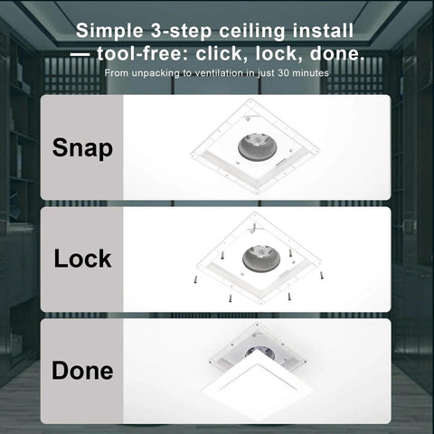 Ultra Quiet 12 Inch Bathroom Exhaust Fan With LED Light 141 CFM Three Color Temperatures 3000K 4000K 6600K Square Vent installation process shows three steps.