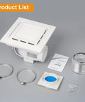 Whisper Quiet 10 Inch Bathroom Exhaust Fan With 6500K Fixed LED Light, 1.0 Sone, 145 CFM, accessories, and installation kit