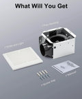 Powerful 110 CFM Bathroom Exhaust Fan With No Attic Access Needed components including fan housing, grille, screws, and manual