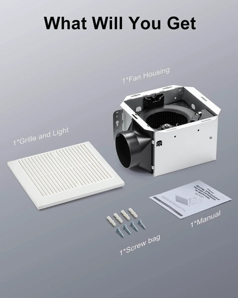 Powerful 110 CFM Bathroom Exhaust Fan With No Attic Access Needed components including fan housing, grille, screws, and manual