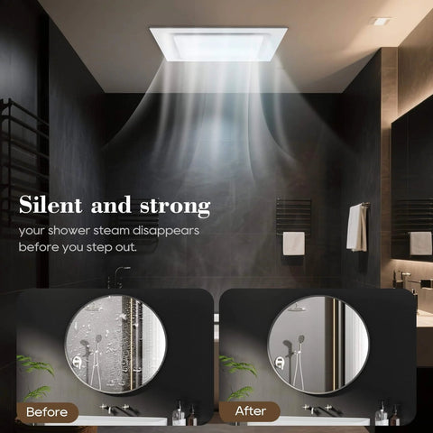 Ultra Quiet 12 Inch Bathroom Exhaust Fan With 6500K LED Light, 120 CFM, 1.0 Sone, installed in a modern bathroom ceiling