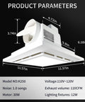 Bathroom Exhaust Fan With Light And LED Panel, 11.8 Inch Square, 120 CFM, Low Noise 1.0 Sones, 12W LED Lighting, Quiet 4 Inch Duct