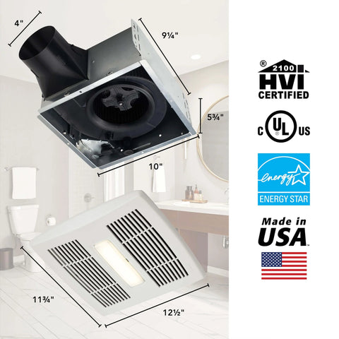 Energy Star Bathroom Exhaust Fan With LED Light And Roomside Installation, 110 CFM, Quiet 1.0 Sones, White AE110L front view