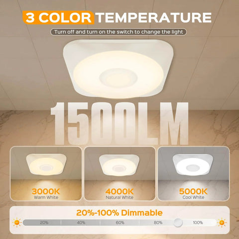 Bathroom Exhaust Fan With Light 160 CFM Quiet Vent showing 3 color temperature options: 3000K, 4000K, 5000K and dimmable feature.