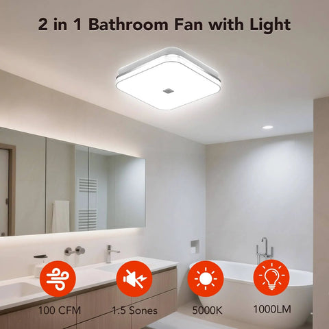 Quiet 100 CFM Bathroom Exhaust Fan With Light And 1.5 Sones, 5000K LED Daylight 1000 Lumen installed on bathroom ceiling