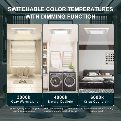 Ultra Quiet 12 Inch Bathroom Exhaust Fan With LED Light 141 CFM Three Color Temperatures 3000K 4000K 6600K Square Vent