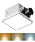 Powerful Quiet Bathroom Exhaust Fan With Light Delivering 130 CFM And One And A Half Sones LED Night Light 1300 Lumen Output At 2700K 4000K And 6500K With Light Memory ETL Certified White 9 Inch Fitop showing front view.