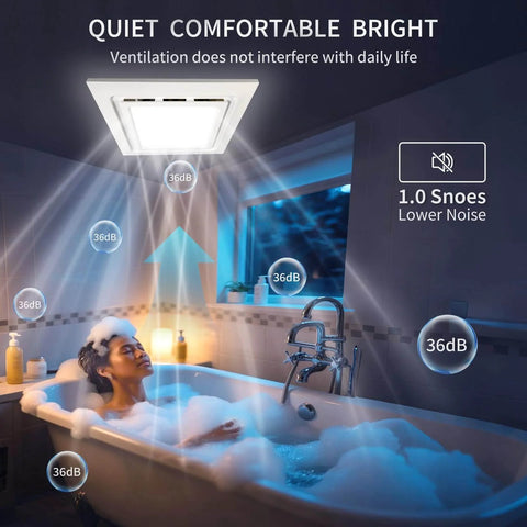 Bathroom Exhaust Fan With Light And LED Panel, 11.8 Inch Square, installed in bathroom with person relaxing in tub