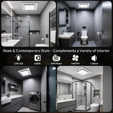 Ultra Quiet Bathroom Exhaust Fan With Light 144 CFM 1 Sone DC Motor 35W 6500K 1200LM LED installed in modern bathroom and laundry
