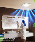 80 CFM Ceiling Mount Bathroom Exhaust Fan With Light Quiet 0.9 Sones 1000 Lumen LED 5 CCT Color Temperature Easy Install Amico Shower Vent With Adjustable Exhaust ETL and FCC Certified installed above a bathroom mirror, demonstrating steam removal efficiency.