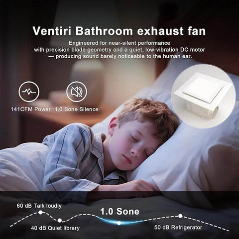 Ultra Quiet 12 Inch Bathroom Exhaust Fan With LED Light 141 CFM Three Color Temperatures 3000K 4000K 6600K Square Vent displayed