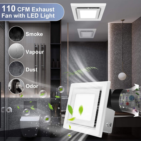 Whisper Quiet 110 CFM Bathroom Exhaust Fan With Light Gaciban, 1200 Lumen LED, 3 CCT Selectable in modern bathroom setting