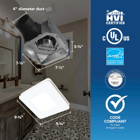 Easy Retrofit Bathroom Exhaust Fan with LED Light in bathroom, ENERGY STAR certified, handles moisture and odor, no attic access