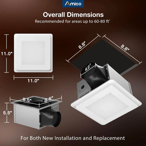 Dimensions of 80 CFM Ceiling Mount Bathroom Exhaust Fan With Light Quiet 0.9 Sones 1000 Lumen LED 5 CCT Color Temperature Easy Install