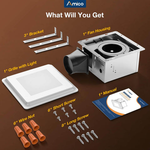 Quiet 110 CFM Bathroom Exhaust Fan With Light For Fresh Air, 1.0 Sones, 1000 LM LED, 5 CCT, ceiling mount kit components